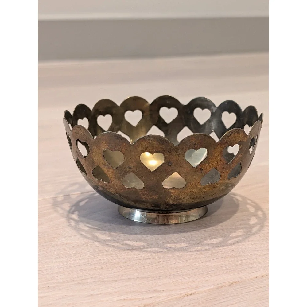 Vintage Silverplate Heart Cutout Pedestal Bowl | Romantic Cottage Decor